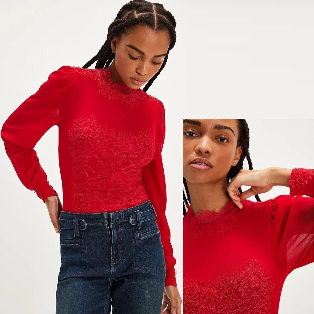 NWT New Free People Sweet Nothings Long Sleeve Red Bodysuit Size M